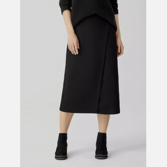 Eileen Fisher Black Boiled Wool Jersey Wrap Midi Skirt - Picture 1 of 6